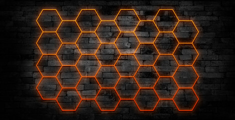 Dark black hexagon pattern on red, orange neon abstract background in technology style. Modern...