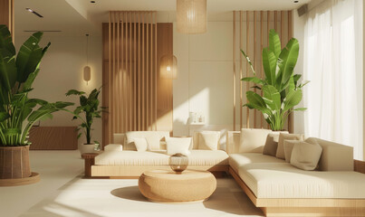 A living room with nature colors walls, modern lighting in the ceiling, wooden furniture and plants