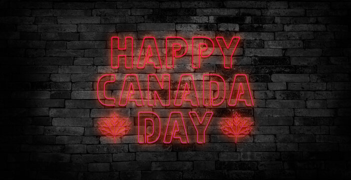 Happy Canada Day neon template. Maple leaf.