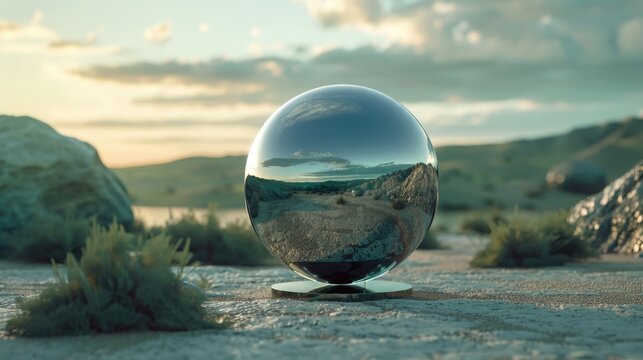 A glass ball resting on sandy ground, suitable for various concepts
