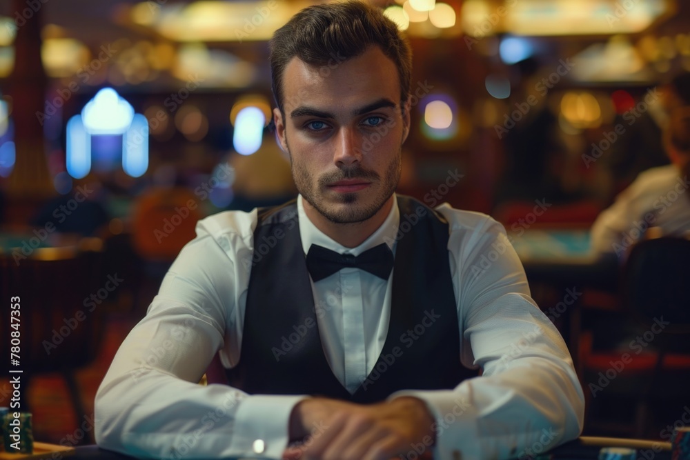 Poster a man sitting at a table in a casino. suitable for gambling and entertainment concepts