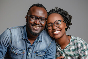 couple smiling, Smiling couple in denim outfits on a gray background. Studio portrait showing joy and togetherness. Family and relationships concept for design and print