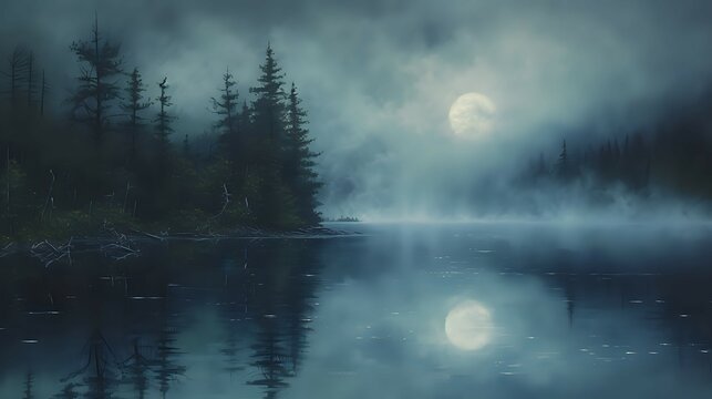 Ethereal Nightfall: Foggy Waterside Serenity./n