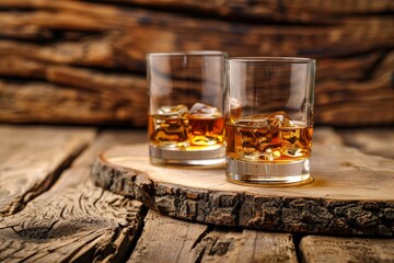 Two whiskey glasses on wooden surface