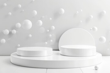 Two white round podiums for cosmetic products mockup decorated with flying circles on a white background Used for presenting products gifts advertising design sal