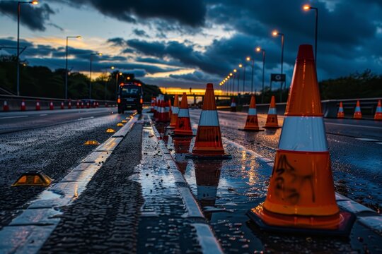UK motorway service roadworks cones seen at night