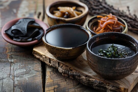 Umami taste from Japanese dashi ingredients katsuobushi kombu niboshi hoshi shiitake