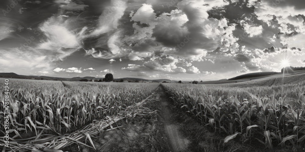 Wall mural Black and white photo of a corn field. Suitable for agricultural concepts.