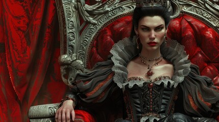 A woman sitting in a red chair with a necklace on. Suitable for fashion or lifestyle themes