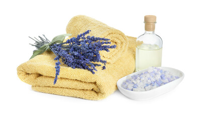 Obraz na płótnie Canvas Spa composition. Towels, essential oil, sea salt and lavender flowers on white background