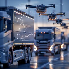 Autonomous logistics fleet revolutionizing industrial delivery, AI optimized routes, drones and selfdriving trucks in sync , close-up
