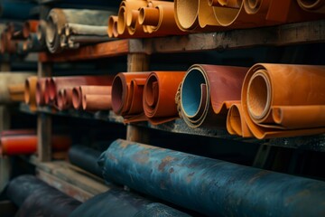 Various multicolored leather rolls on rack in workshop for handmade craft production - Powered by Adobe