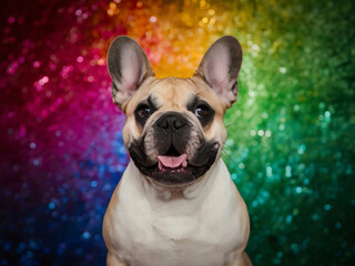 Bulldog francés sobre fondo multicolor festivo - obrazy, fototapety, plakaty