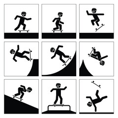 Pictograms represent performing acrobatics with skateboard. Icons of extreme adrenaline sport.