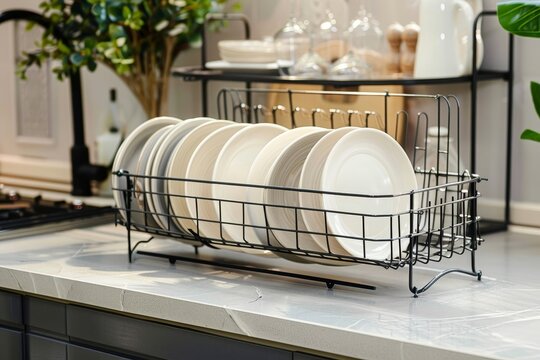 Various plates in dish rack on counter
