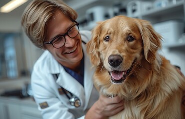Veterinarian in uniform examines elegant golden retriever's teeth at clinic, ensuring the dog's dental health