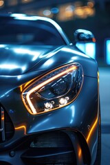 Close up of car headlights shining in the dark. Ideal for automotive industry promotions
