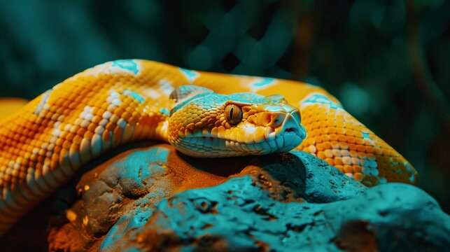 yellow snake laying on top of a rock close up