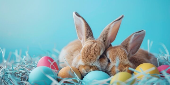 A cute image of two rabbits laying side by side. Perfect for animal lovers