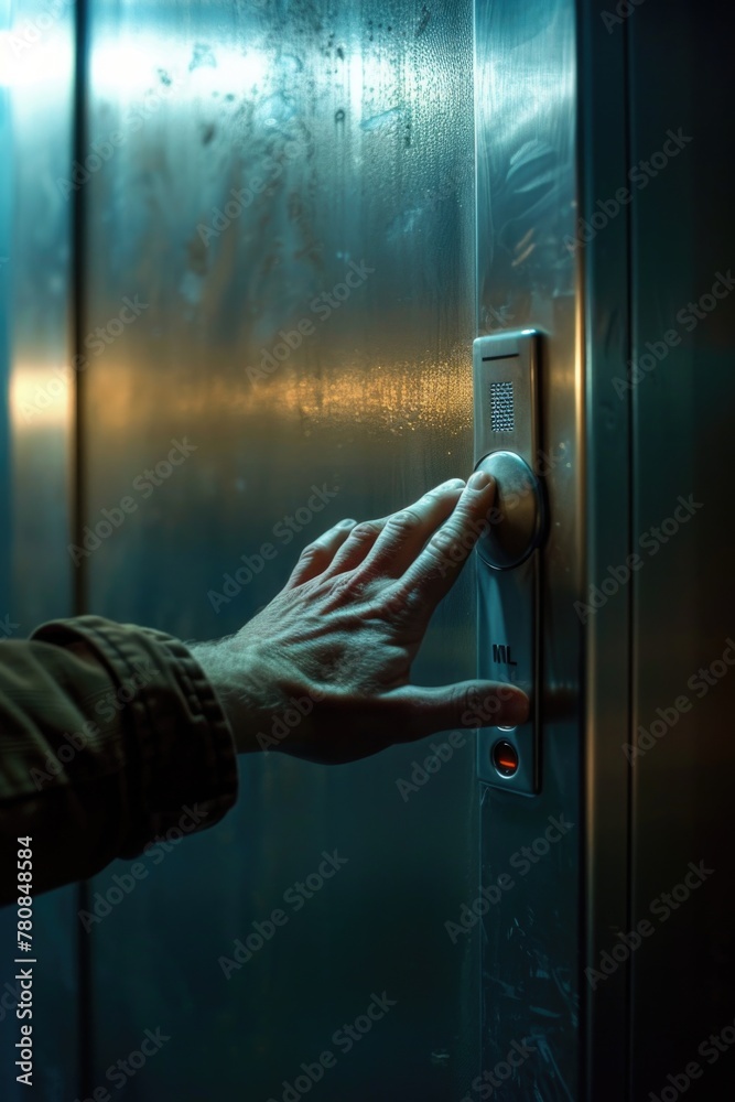 Aufkleber a person pressing a button on an elevator. suitable for business or technology concepts