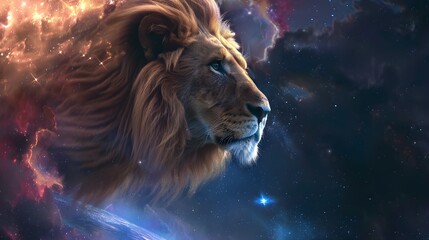 Naklejka premium cosmic lion in the style of fantasy scenes, realistic detail