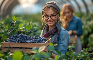 Harvesting ripe blueberries in the greenhouse, a woman carries a full wooden box of fresh berries - Powered by Adobe