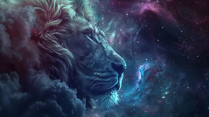 cosmic lion in the style of fantasy scenes, realistic detail