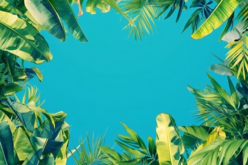 Fototapeta na wymiar Palm leaves border on a blue background. Summer vacation and travel concept. Frame design for banner, greeting, invitation. 