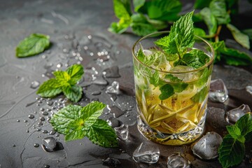 Vertical photo of mint julep glass with fresh mint on table