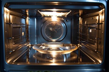 View inside open microwave with glass plate