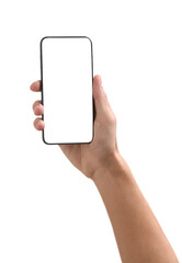 Man holding smartphone with blank screen isolated on white, closeup. Mockup for design - obrazy, fototapety, plakaty