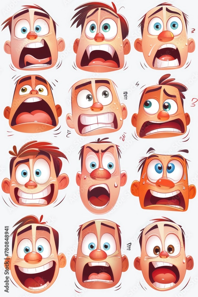 Poster A variety of cartoon faces displaying different emotions. Ideal for various design projects