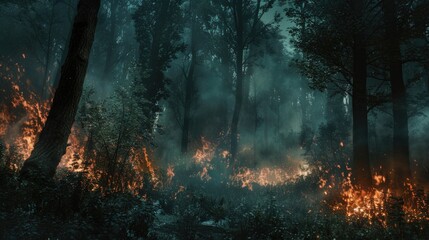Fire in the forest. The fire burns the trees. Cinematic. AI generative.