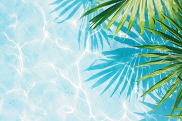 Fototapeta na wymiar Palm leaf on pool water background. Summer vacation and travel concept. Design for banner, invitation, card with copy space