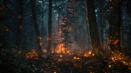Fire in the forest. The fire burns the trees. Cinematic. AI generative. - obrazy, fototapety, plakaty