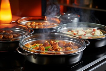 Close-up of mouthwatering homemade casseroles with flavorful meat and farm-fresh vegetables