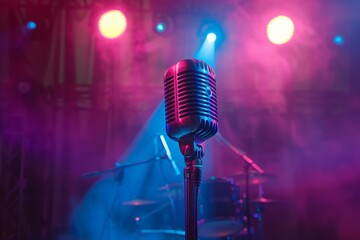 Vintage microphone on stage with blue and pink lighting in retro style for festival jazz club or...
