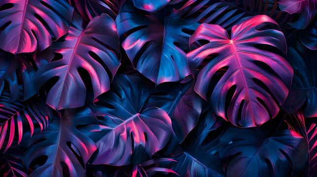 Creative fluorescent color layout made of tropical leaves. Flat lay neon colors. Nature concept