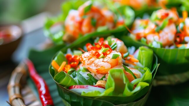 Thai dishes. traditional Thai snack miang kum, Wraps of mini salad with Thai shrimp. 