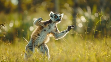 Fototapeta premium A lemur standing on its hind legs in a field. Perfect for wildlife and nature concepts