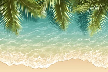 Tropical beach with palm leaves frame. Summer vacation and travel concept. Top view. Design for banner, greeting, invitation, border