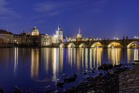 Twilight over the Charles Bridge and Vltava River in Prague