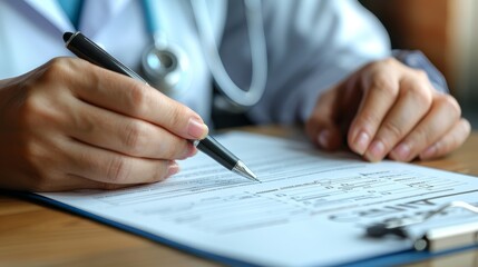 A close view of a doctor and patient holding a pen to sign a medical information form