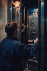 A man standing in front of a metal door, suitable for industrial concepts