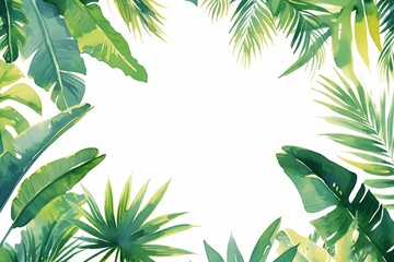 Palm leaves on white background. Summer vacation and travel concept. Frame design for invitation, greeting, poster, border