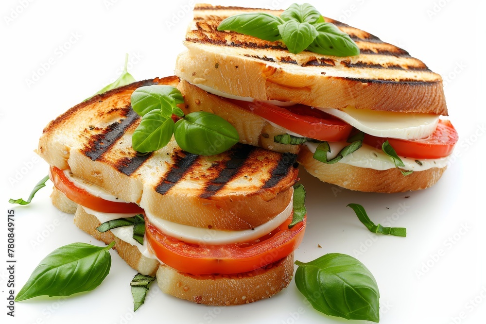 Canvas Prints White background grilled sandwiches with mozzarella tomatoes and basil are delectable