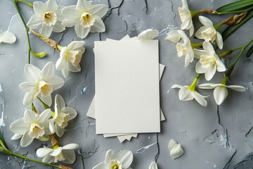 White daffodil flowers on a gray background create a gentle spring card mockup on empty paper