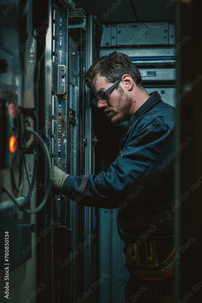 Poster A man working on a machine in a factory. Ideal for industrial and manufacturing concepts