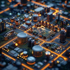 Hightech industrial district, where electrical engineering advancements fuel growth, quantum computing for energy analysis , cinematic