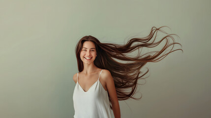 Serene Woman with Flowing Hair in Gentle Breeze